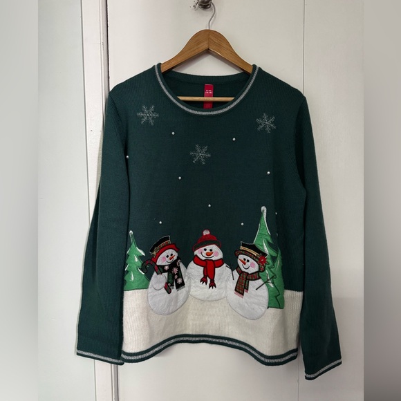 Kitschy Snowman Appliqué Knit Holiday Sweater Forest Green XL - Picture 7 of 9
